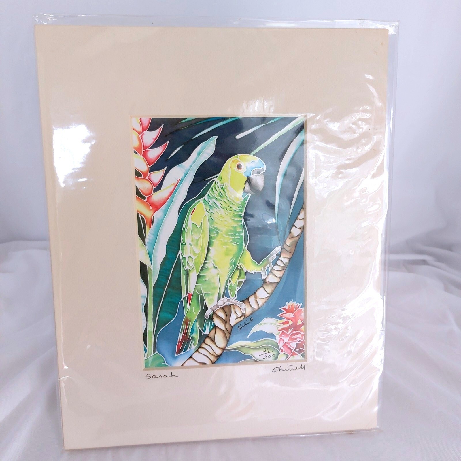 SHERRILL SCHOENING Parrot On Silk Print 10″x8″ Matted Signed 27 Of 200
