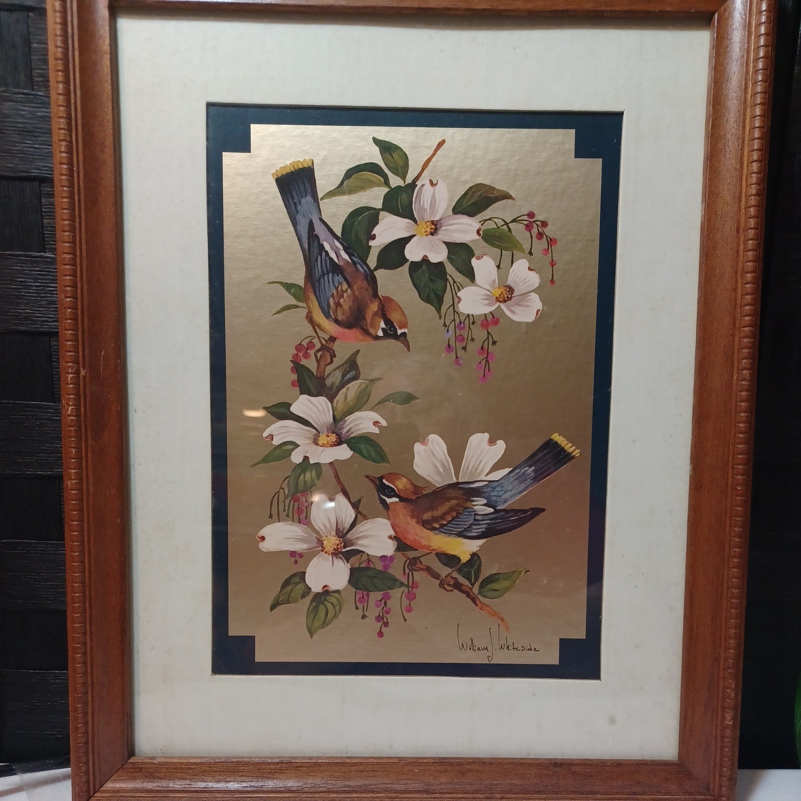 Vintage William J Whiteside Cedar Waxwing Birds on Dogwood Signed Framed Art