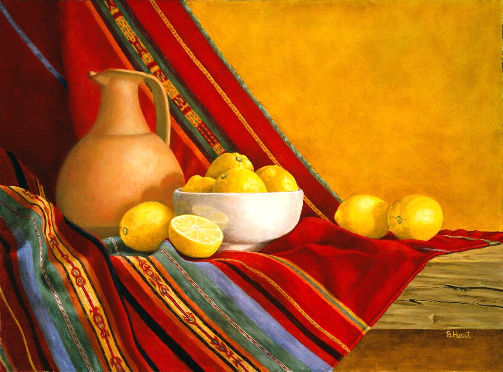 Southwestern Contemporary Print With Red Tapestry & Lemons- Giclee-Still Life
