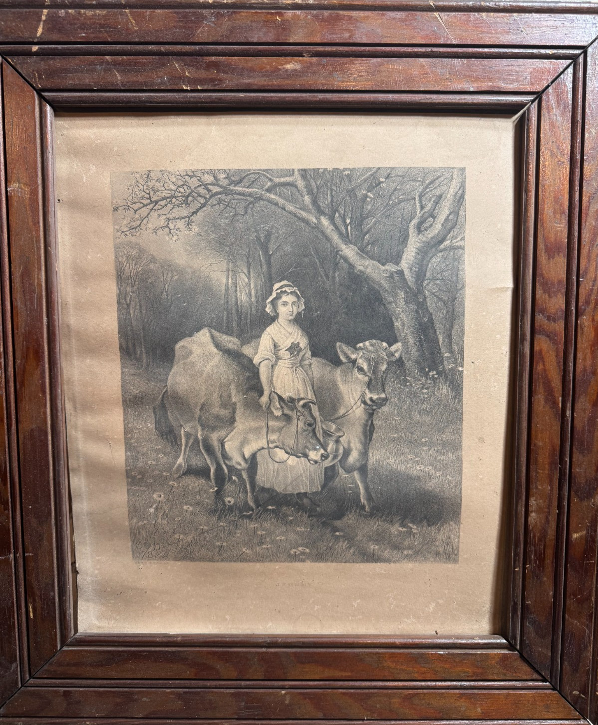 Edwin Douglas Jersey Cow Milkmaid Antique Print Framed No Glass Foxing 15×17
