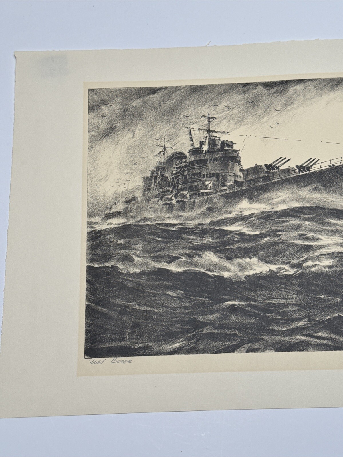 ARTHUR BEAUMONT LITHOGRAPH AMERICAN WPA STYLE NAUTICAL BOISE WAR SHIP SIGNED