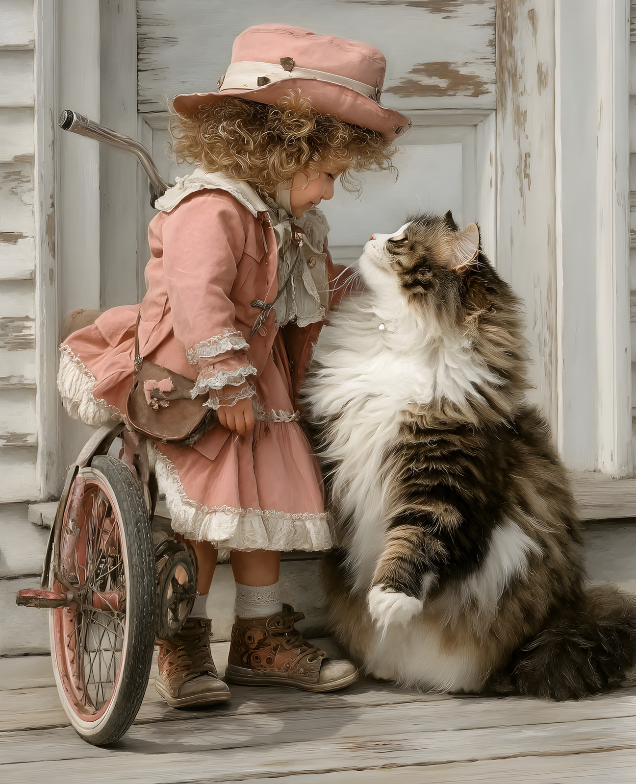 8×10 Little Girl in Pink Dress and Hat with Cat Art Print – 671453911