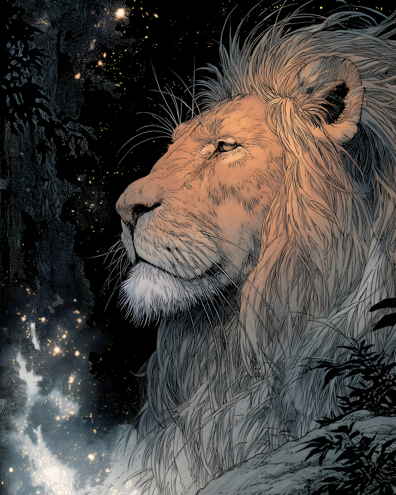 White Lion Profile Beneath Starry Black Branches Print – 796416378