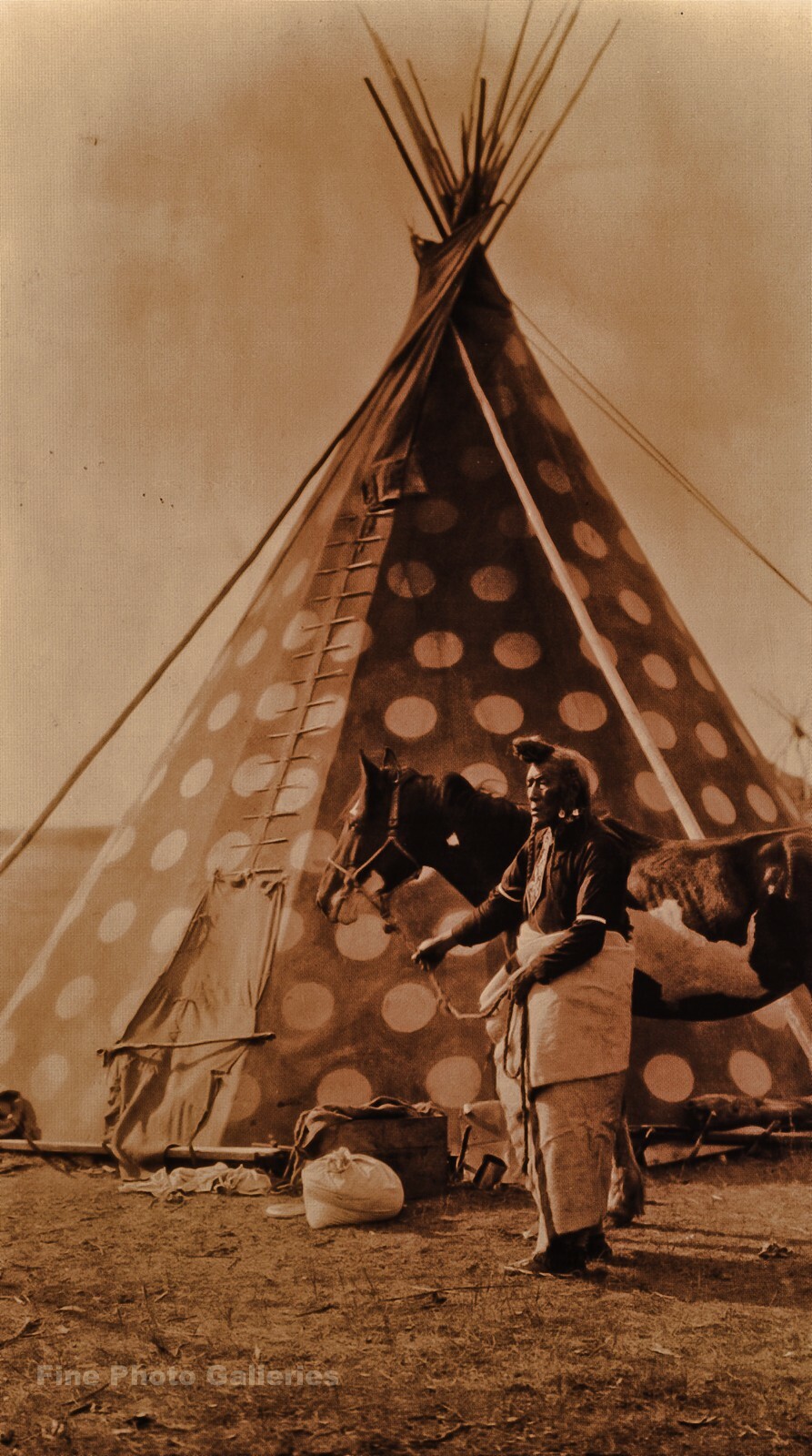 1927/90 EDWARD CURTIS Blackfoot Indian Man Teepee Horse GOLDTONE Photo Art 11×14