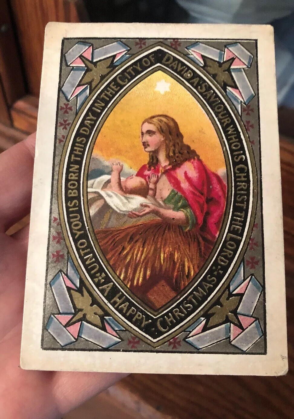 Antique Early Religious Christmas Hand Colored Art Print Card Mary Jesus