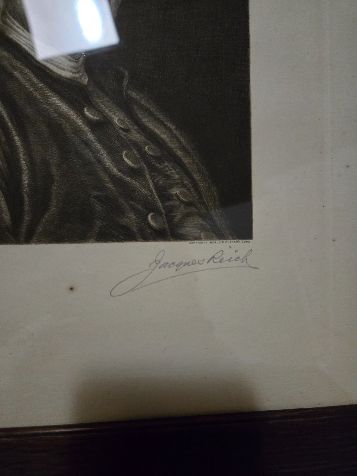 Framed Portrait print of Benjamin Franklin by engraver Jacques Reich 1902