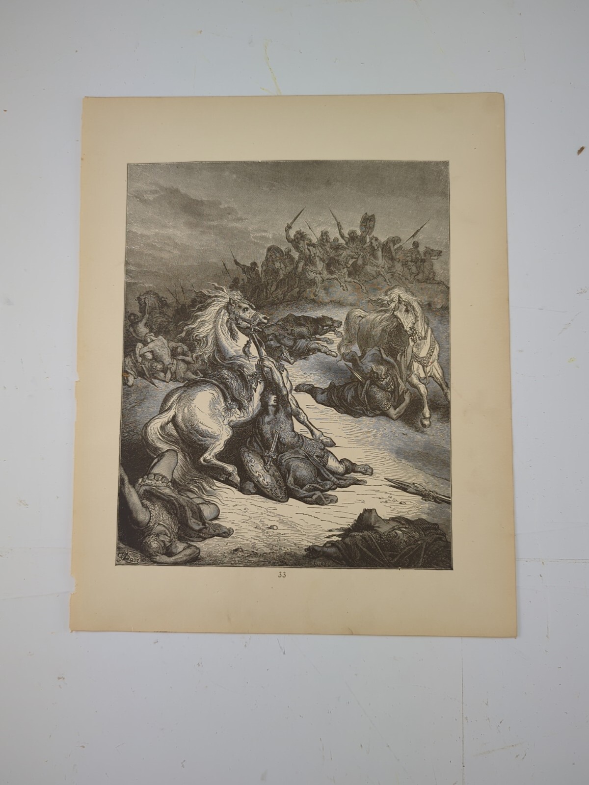 c1890 Antique Print Gustave Dore Bible 12×9″ Death of Saul p33