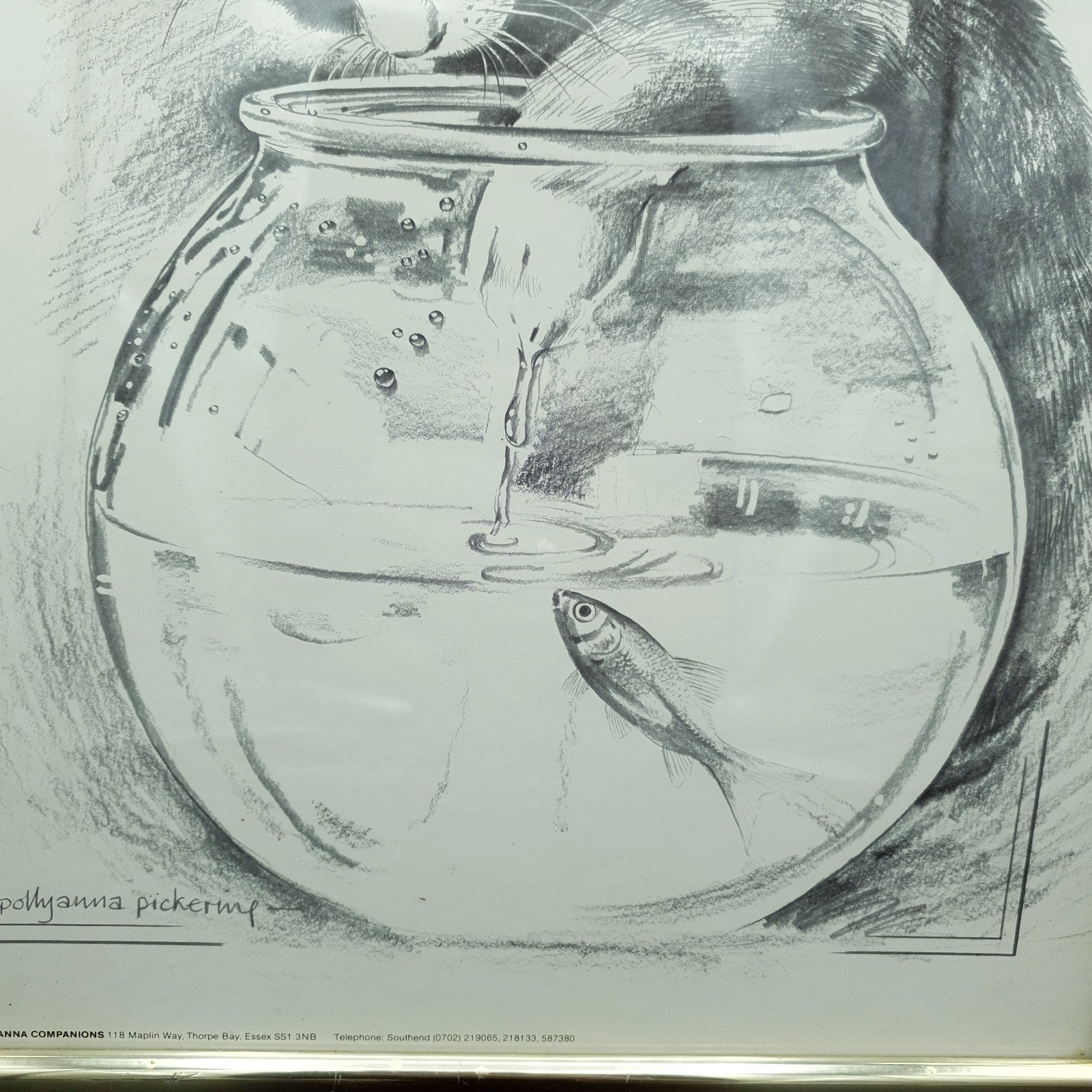 Pollyanna Pickering Framed Sketched Cat & GoldFish bowl Gold Frame L32x H42cm