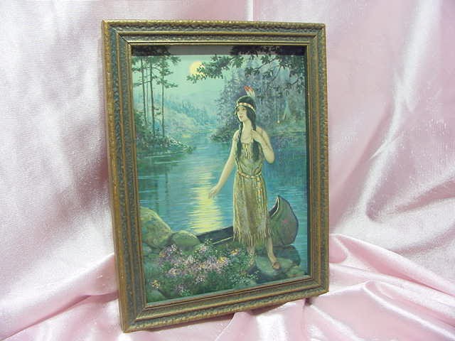 VINTAGE ORIG INDIAN MAIDEN PRINT MOON LIGHT STREAM ADELAID HIEBEL OLD DECO FRAME