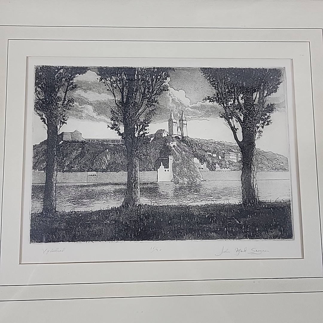 Vyšehrad Prague Framed Gothic Boho European Czech Landmark Etching or Lithograph
