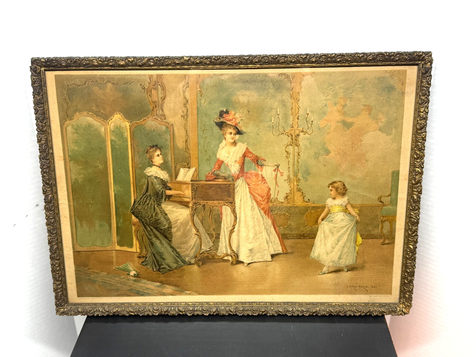 Antique LIthograph E Percy Moran 1894 Ladies w/ Dancing Girl Gold Ornate Frame