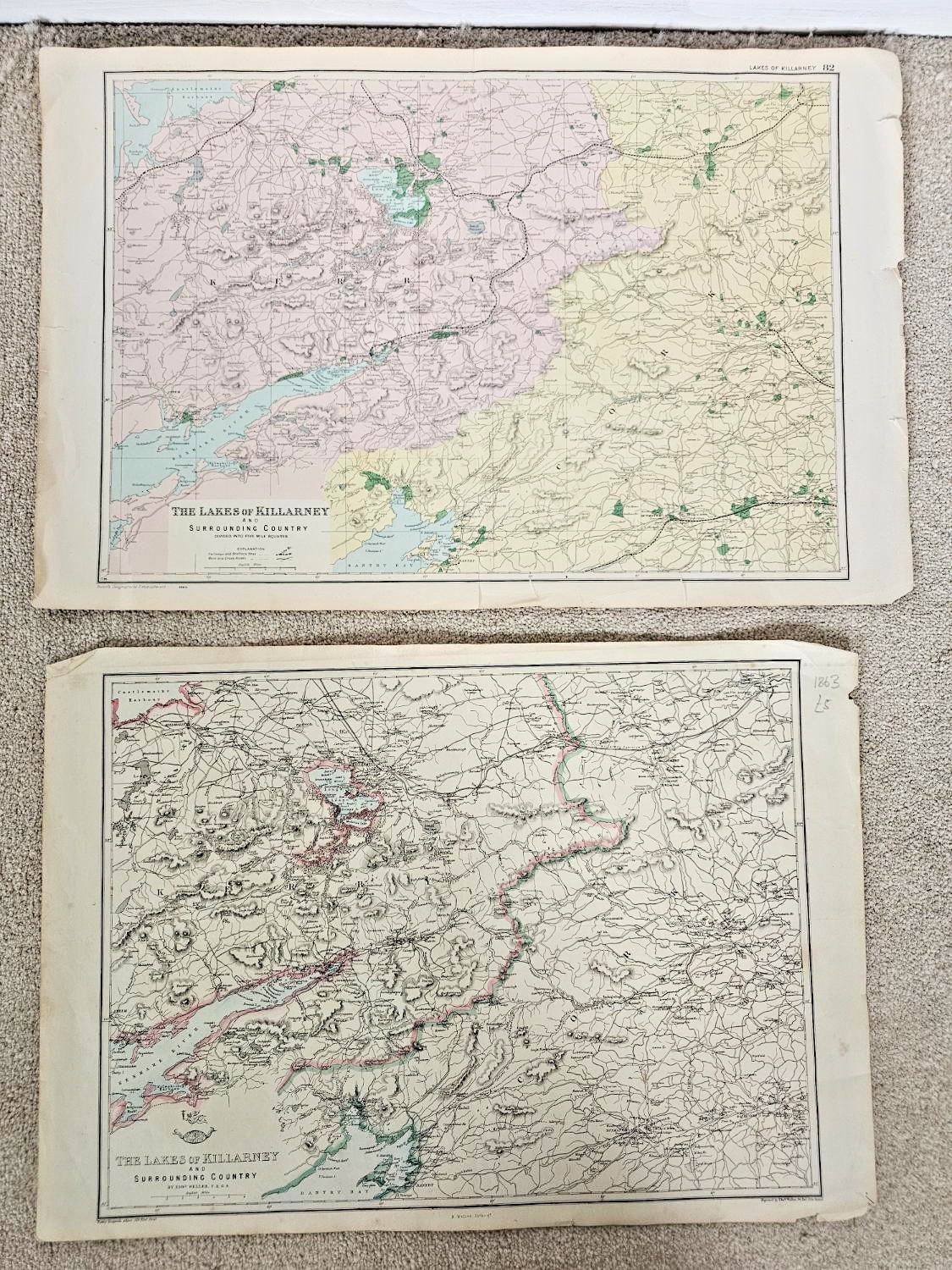 Edward Weller G.W. Bacon Lakes of Killarney Ireland Antique Maps Lot of 2 1863
