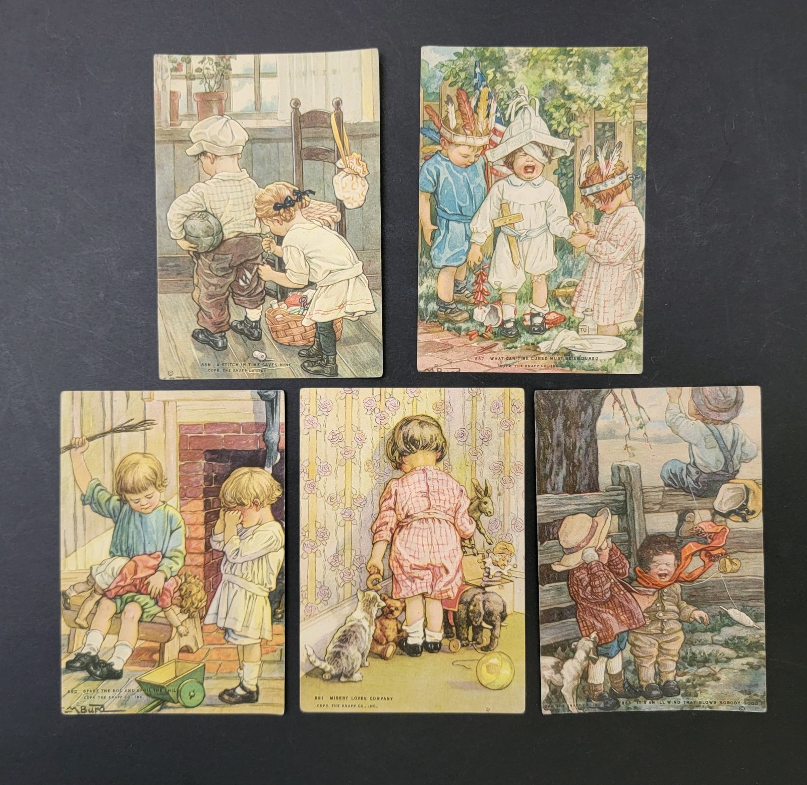 c.1910 Knapp Co Proverb Chromolithograph Art Print Cards Lot of 5 M.T. Burd