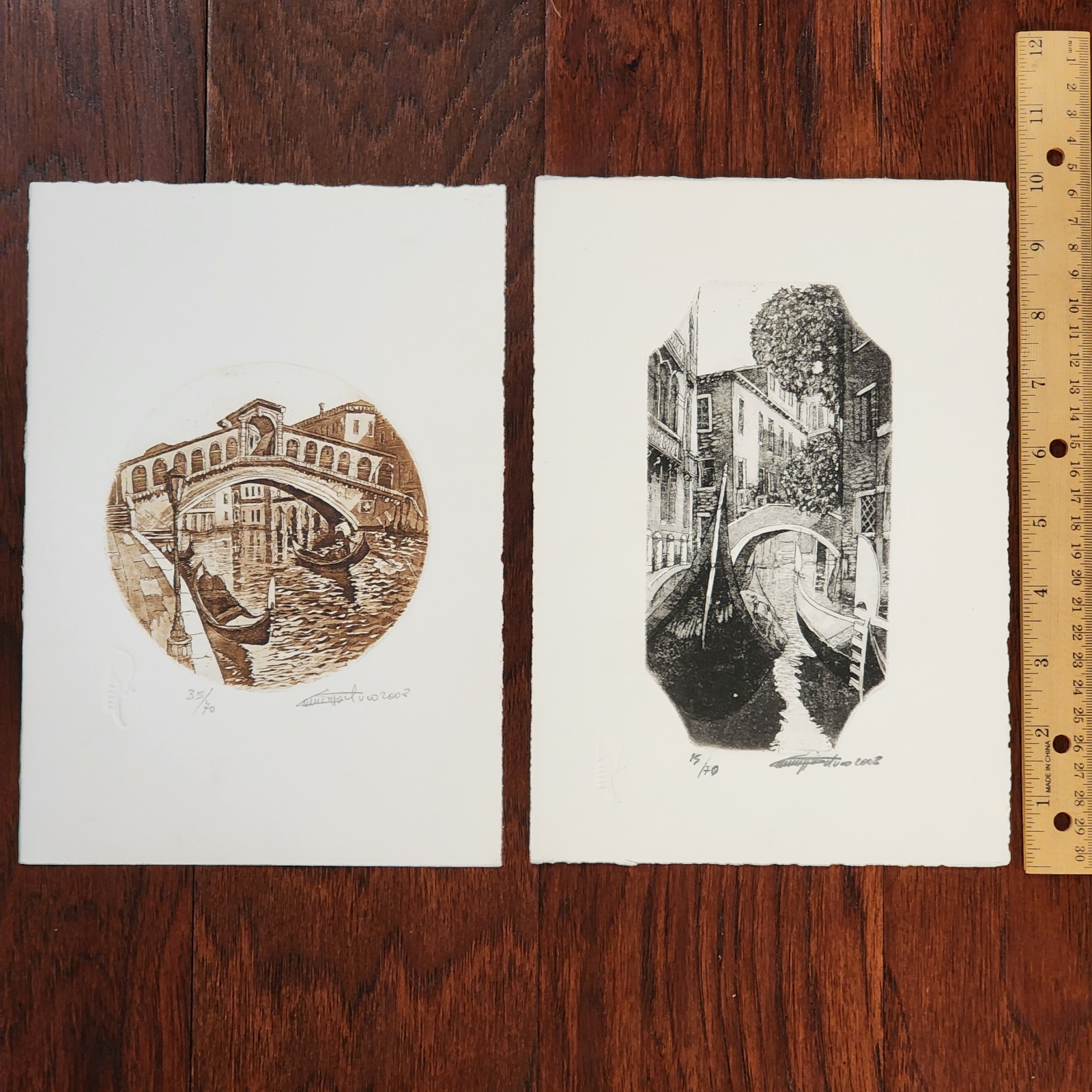 2 Unknown Artist Signed #’d /70 Etching Venice Italy Art ~10″ x 7″ Embossed 2002