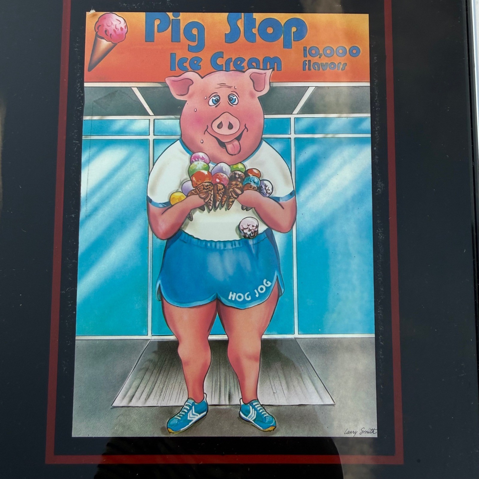 Vintage 1978 Figi Graphics Pig Stop Ice Cream Larry Smith Framed Art Printt 8×10