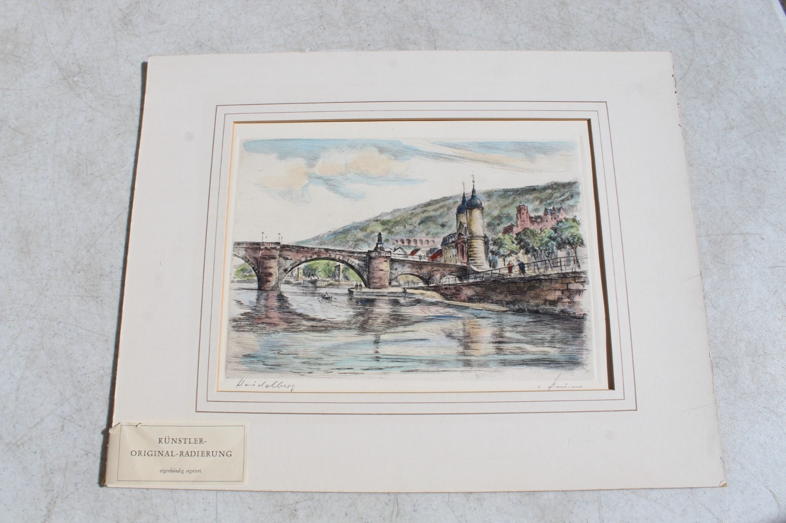 KUNSTLER ORIGINAL RADIERUNG Heidelberg Germany Bridge Watercolor Etching 17×12.6