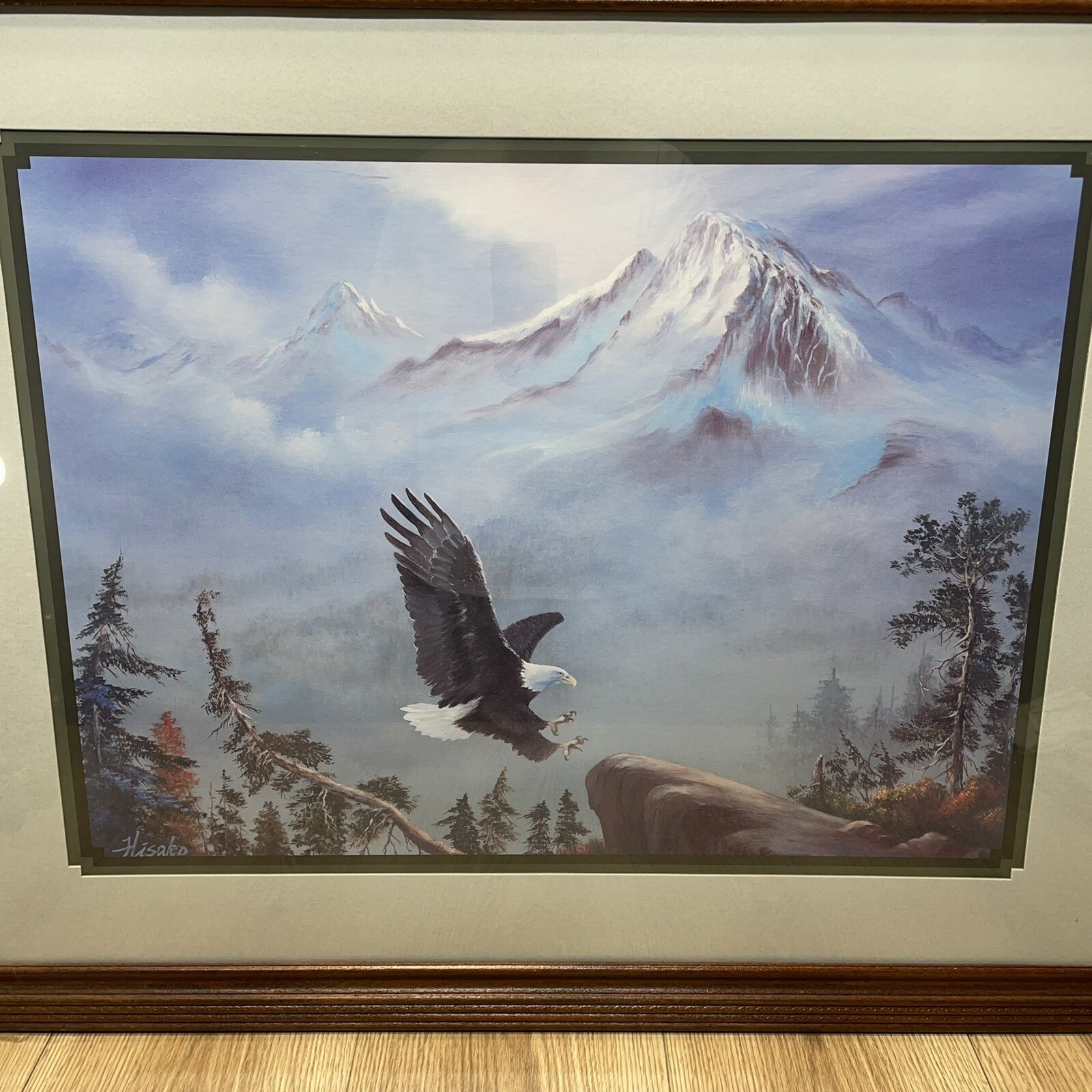 Hisako “Eagle Landing In Mountain Scene” Print- 31×25 Frame