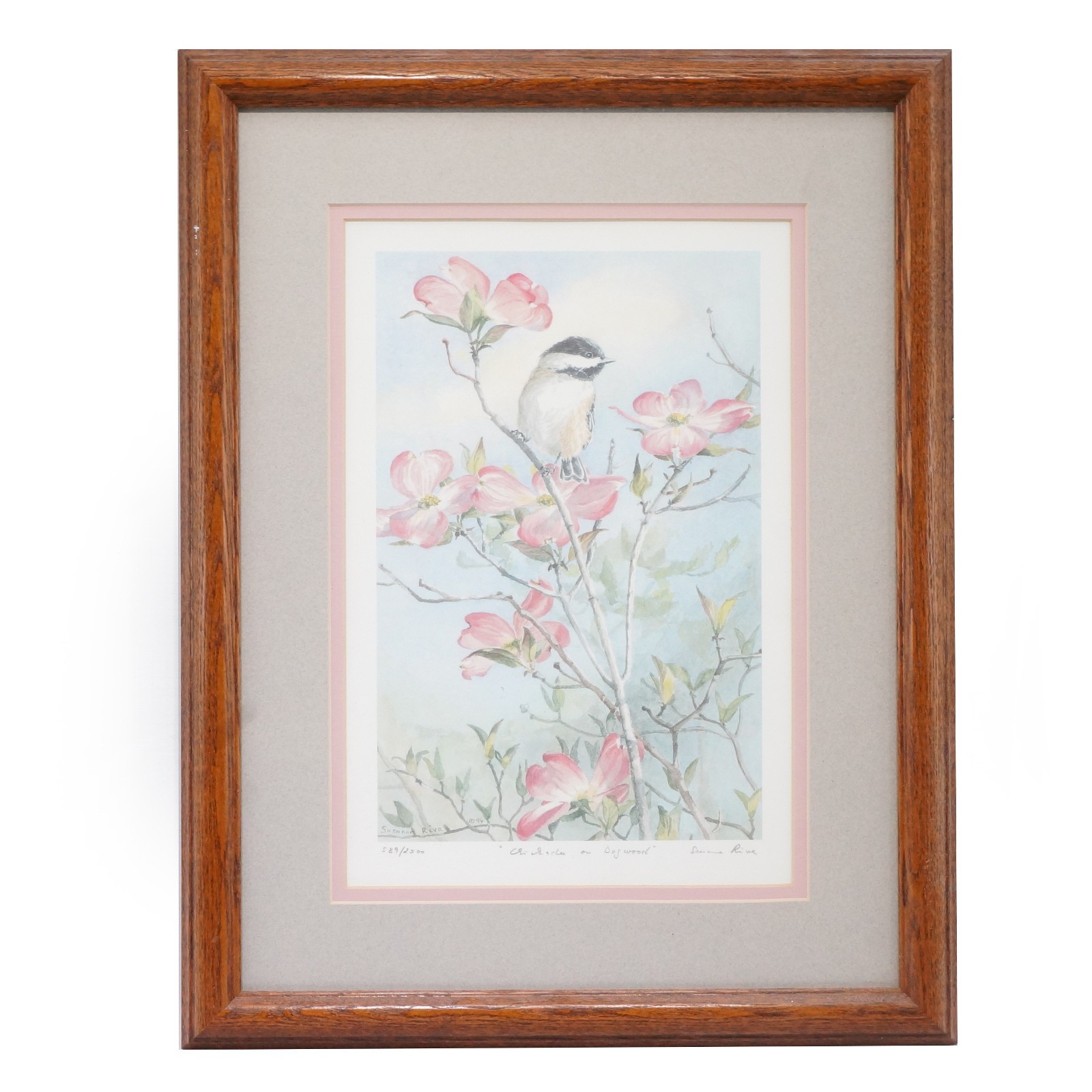 1996 Suzanne Riva Limited Edition “Chickadee On Dogwood “ Matted Framed 13×17