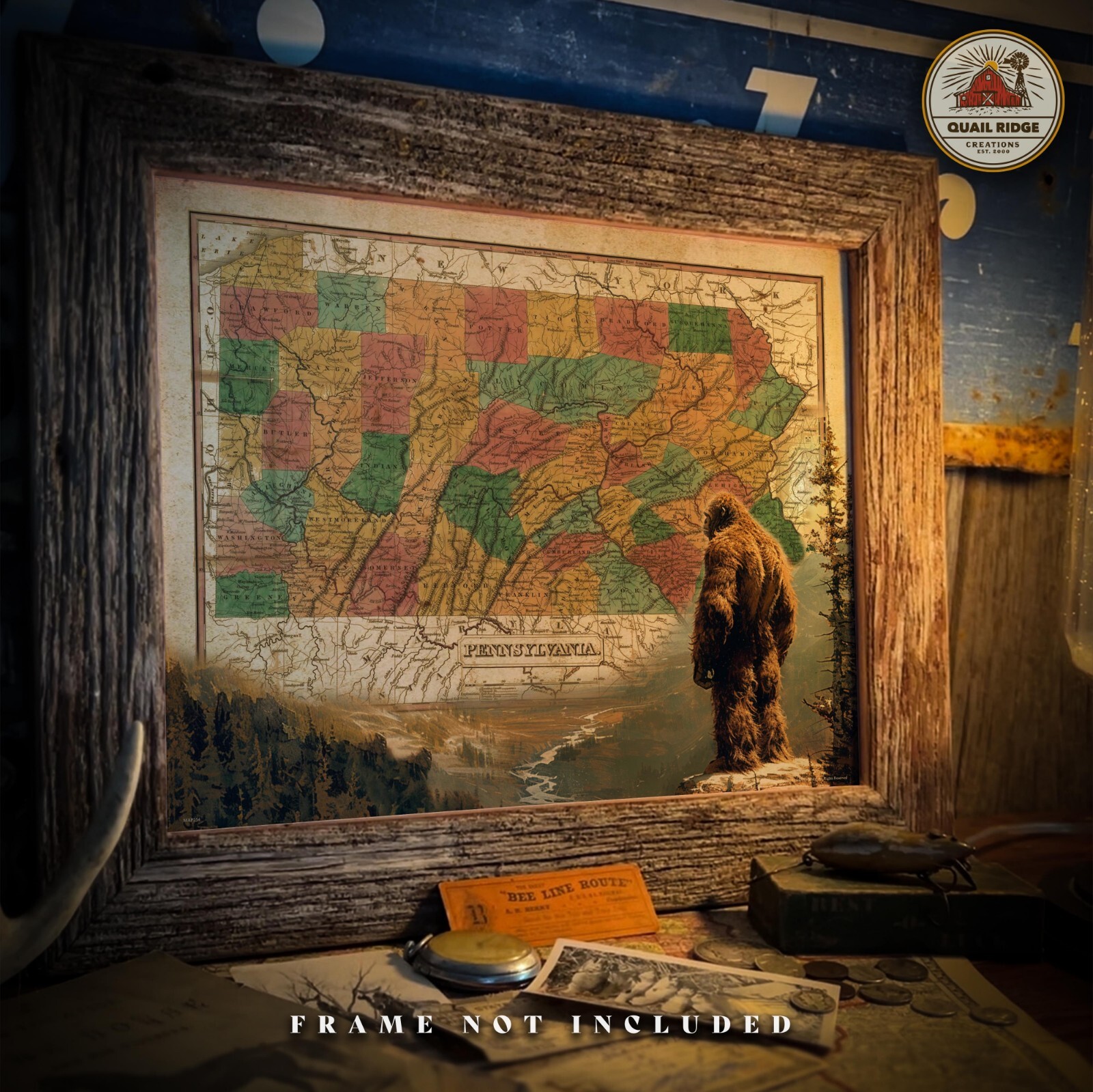 Sasquatch Bigfoot Art Print Vintage Pennsylvania State Map Cabin Wall Decor Gift