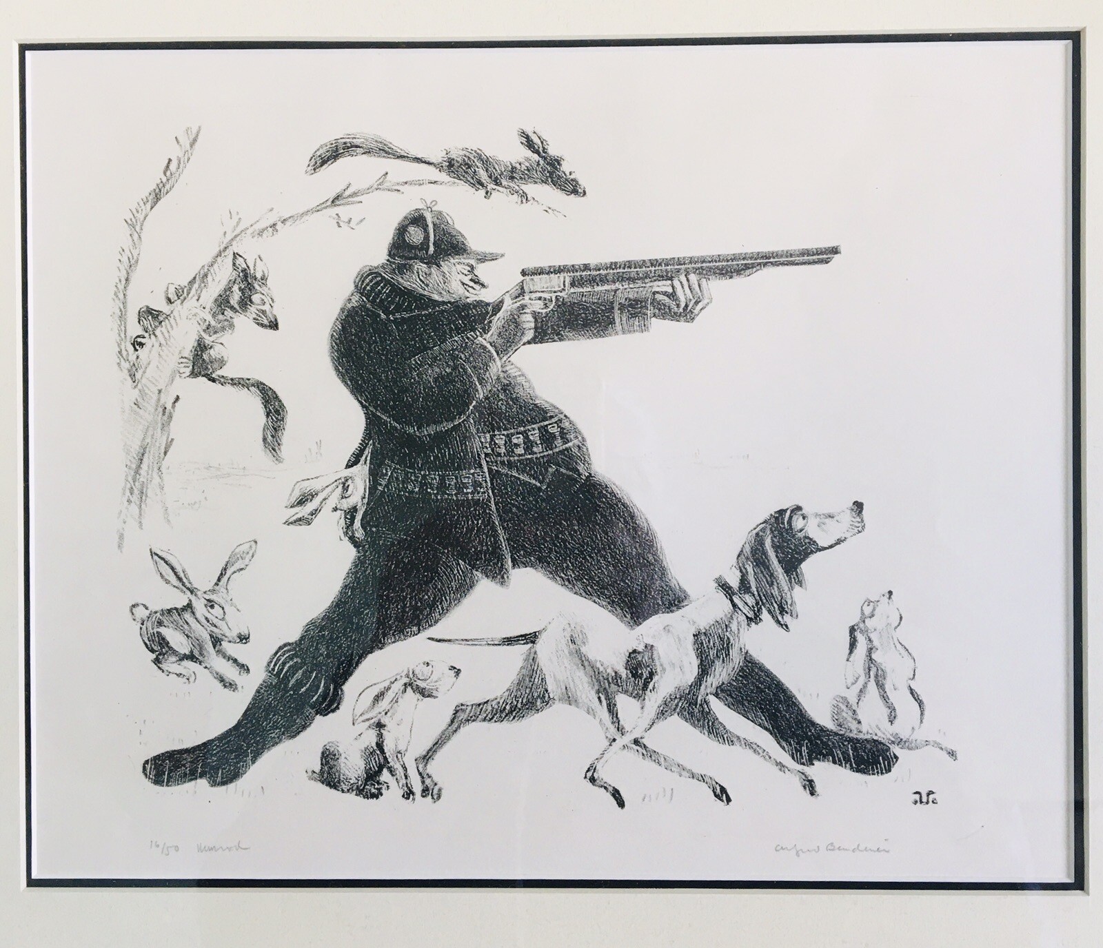 Alfred Bendiner Ltd Ed 16/50 Lithograph Off to Hunt Ink On Paper Framed Vintage