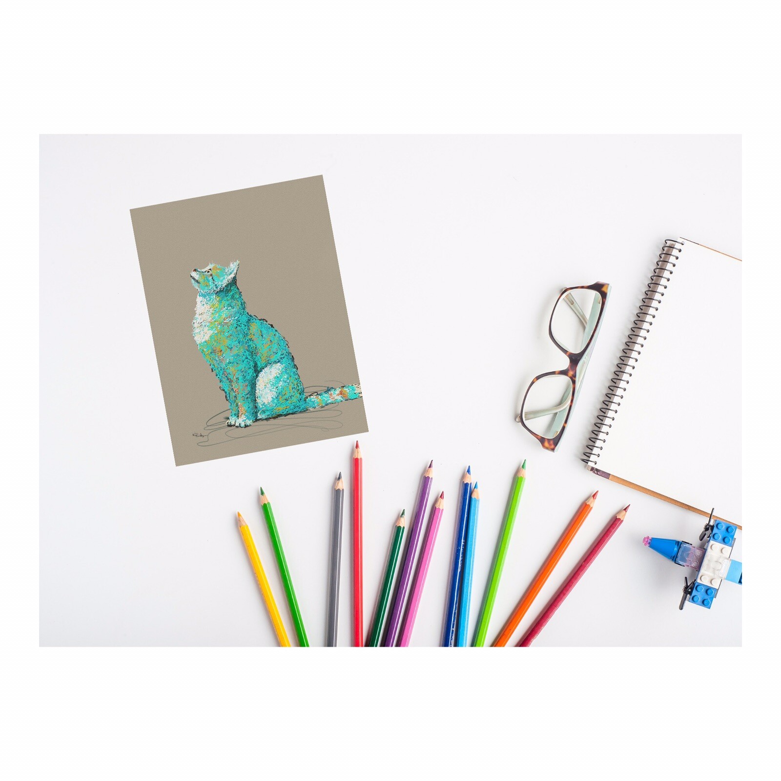 ACEO ATC Art Card Print Signed “Scribble Cat I“ Teal Blue Cats Kitten Pet Animal