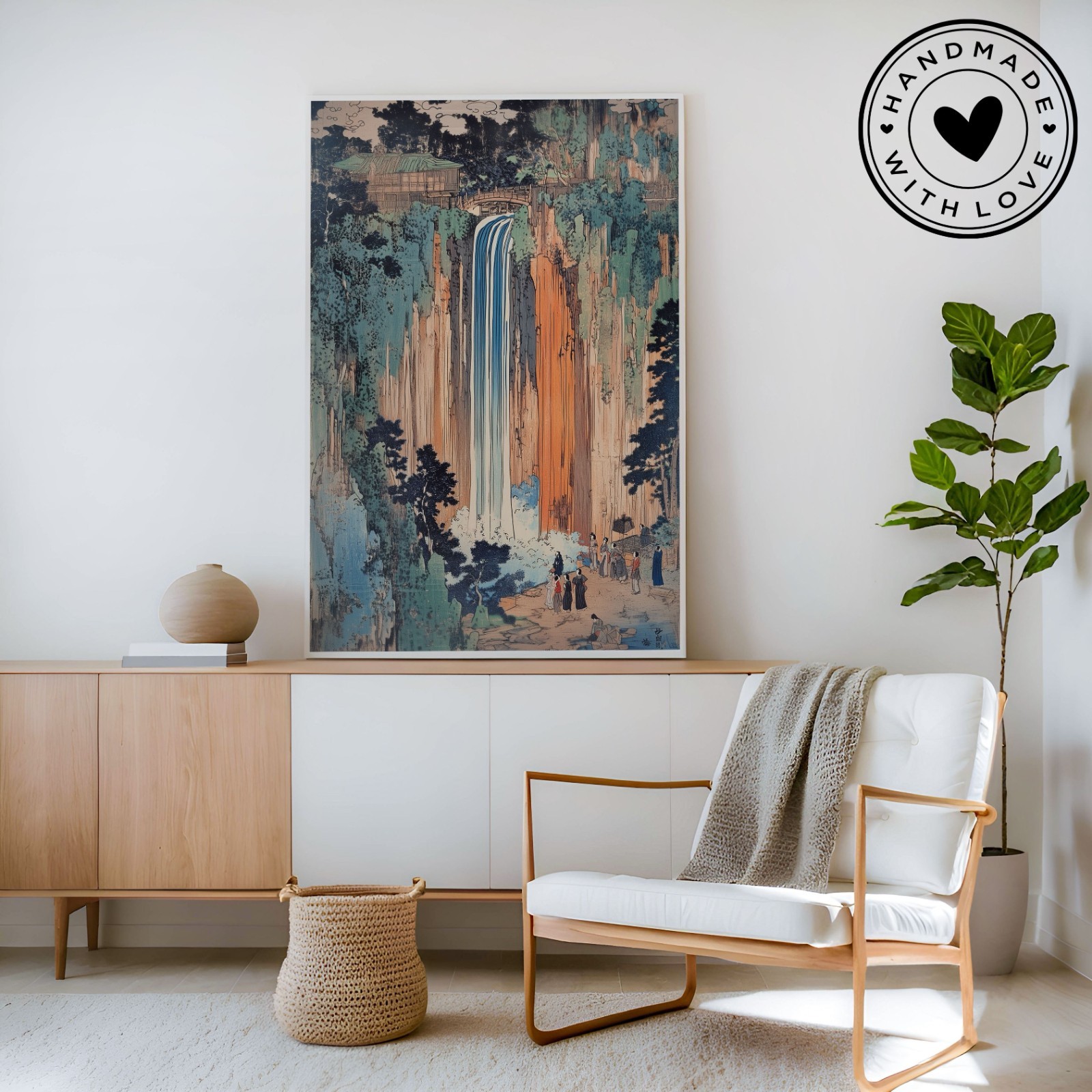 Traditional Hokusai Japanese Blue Orange Waterfall Fine Art Print