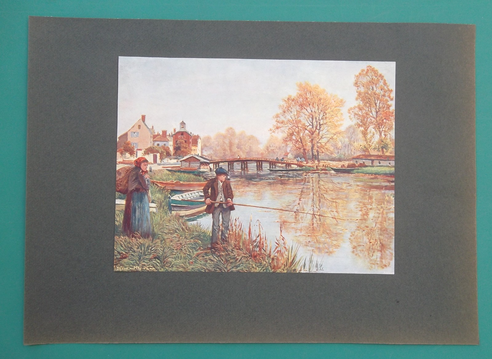SMALL TOWN Life River Bridge Mother Son Fishing – 1905 COLOR Print by Hormann