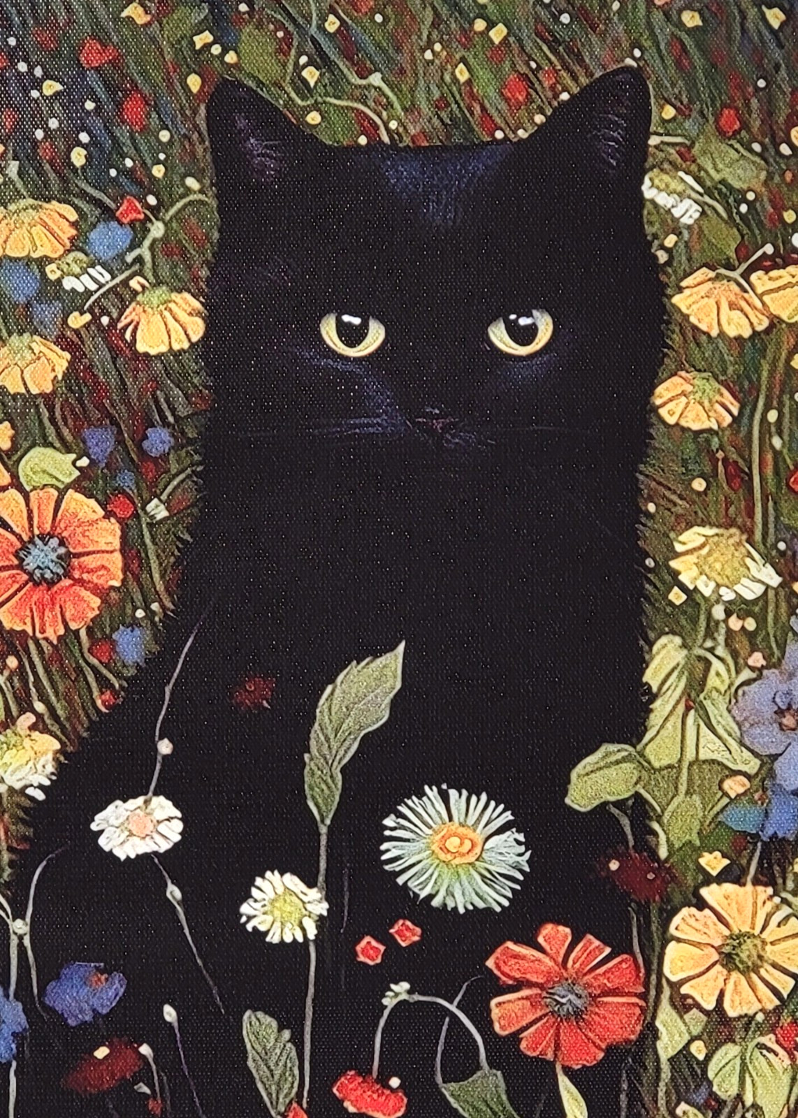 Feline Floral Garden Art Print 12×17 Black Cat Flowers ~ Gustav Klimt Style
