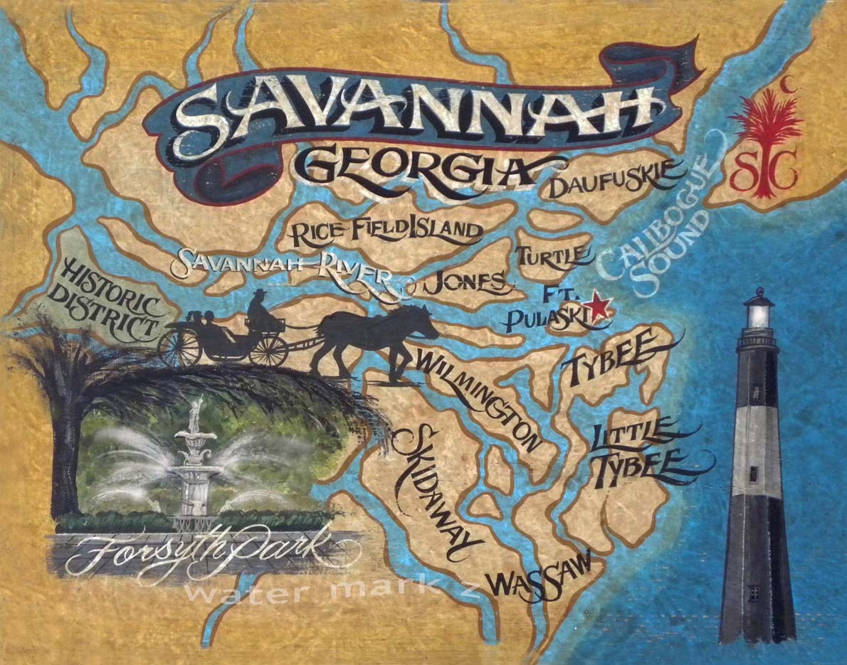 Savannah GA Map style Print vintage style art georgia tybee island georgia
