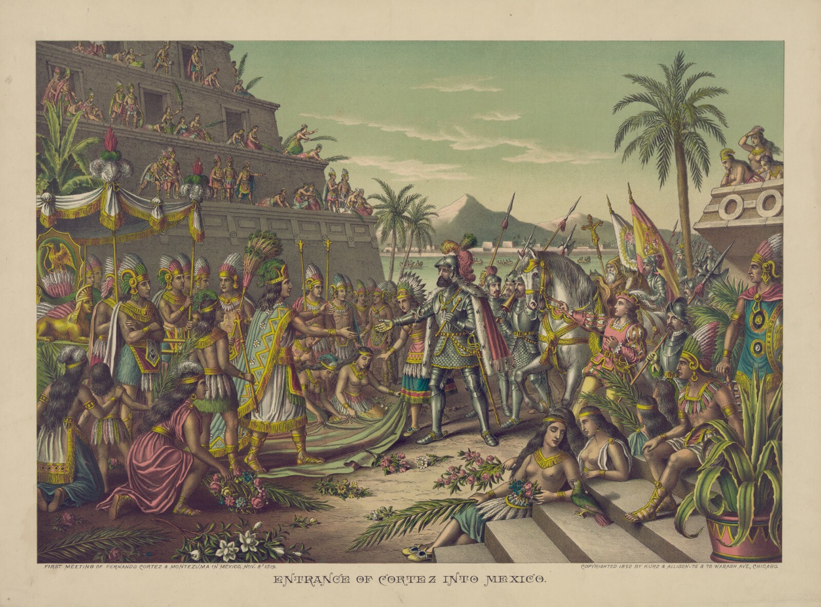 Kurz Allison Entrance of Cortez into Mexico 1519 Montezuma 13 x 19″ Reproduction
