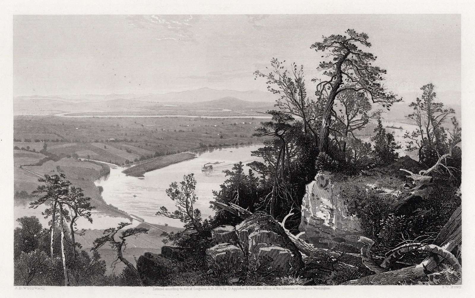 Nice 1800s J. D. Woodward Engraving “The View from Mount Tom” SIGNED FRAMED COA