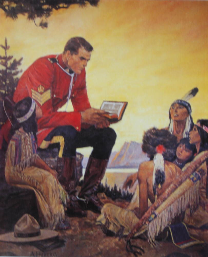 2 Canadian Mountie RMCP reading Bible to Indian children