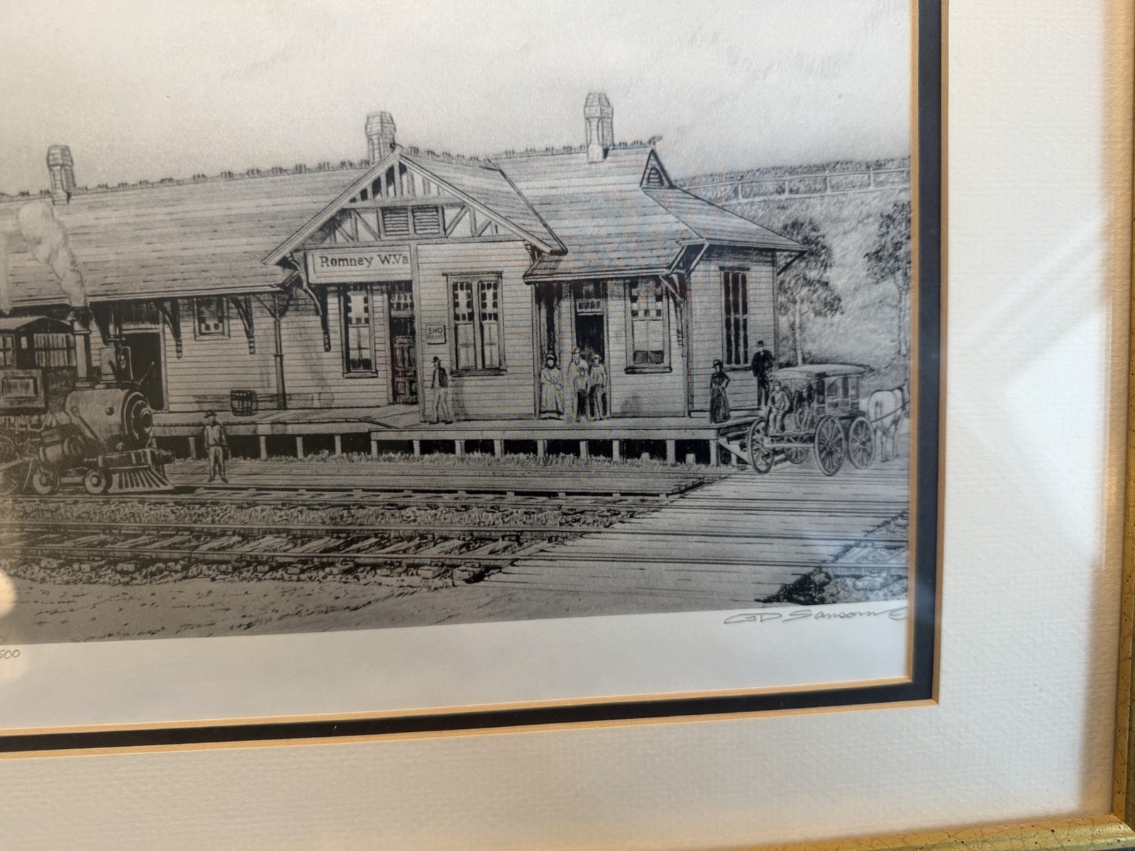 VINTAGE G.D. Sansom Romney WV Train Station Depot Art Print Signed 12×15 Framed