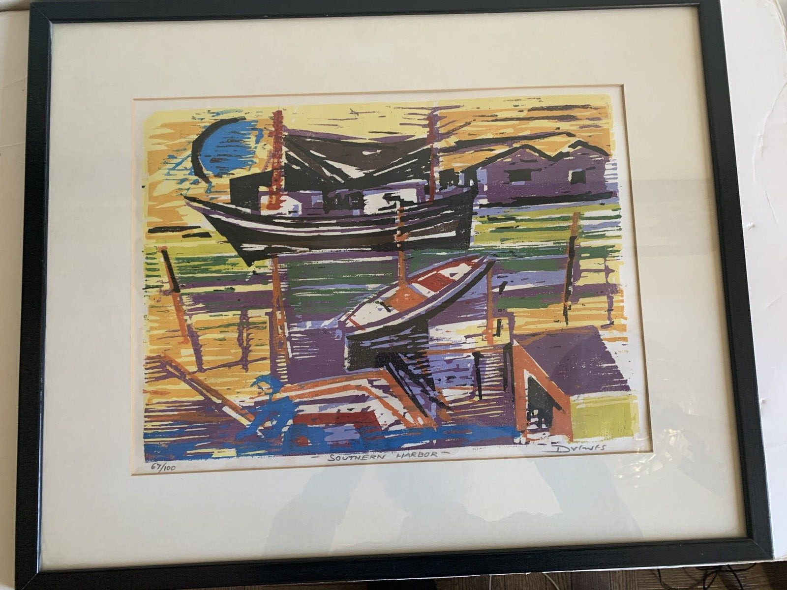 MODERNIST WOODBLOCK PRINT BY WERNER DREWES SOUTHERN HARBOR