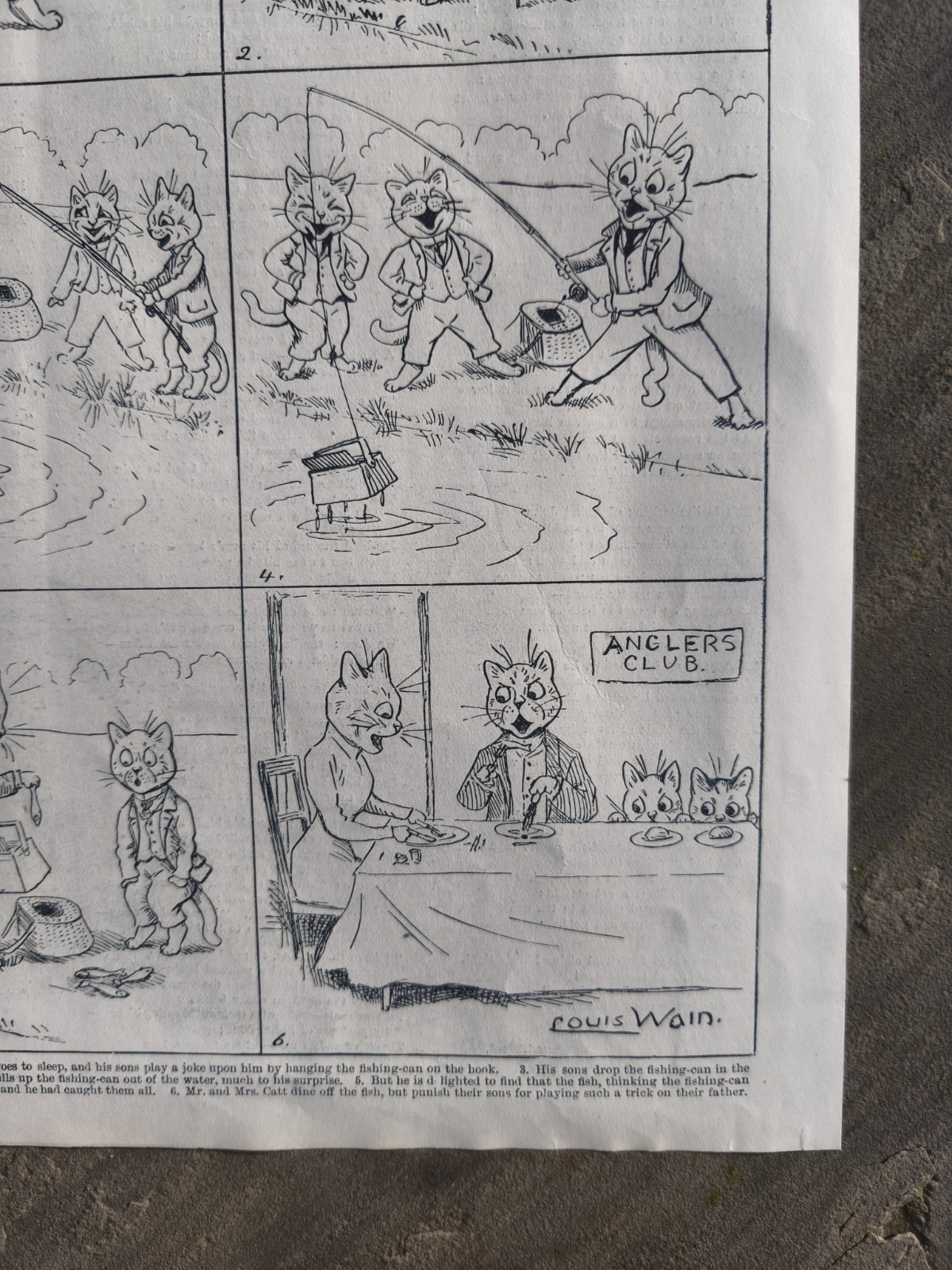 Original Antique 1911 Louis Wain Cats Kittens Fishing Cartoon Book Cat Picture