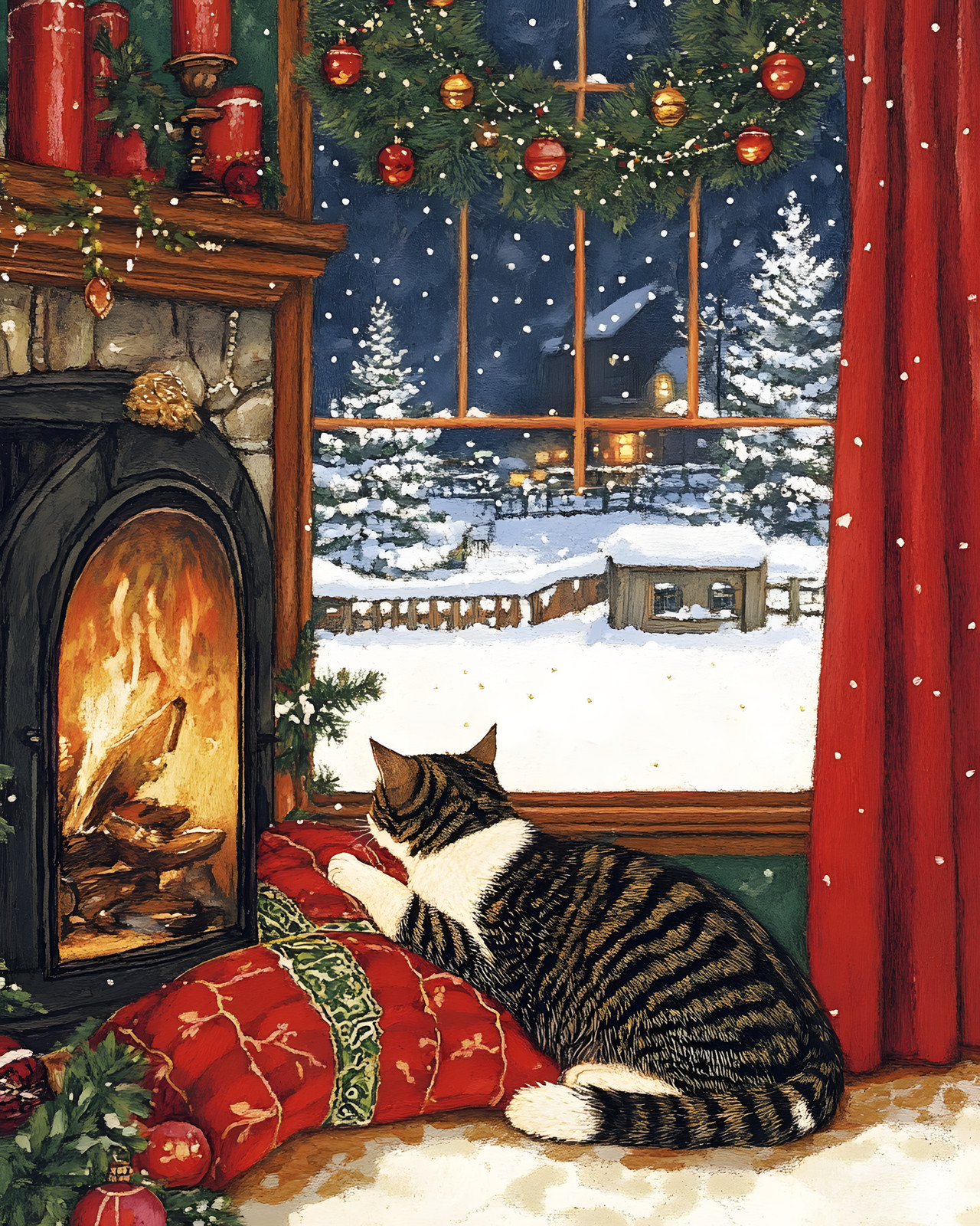 8×10 Cat On Pillow In Front Of Fireplace Art Print Wall Decor – 306128569