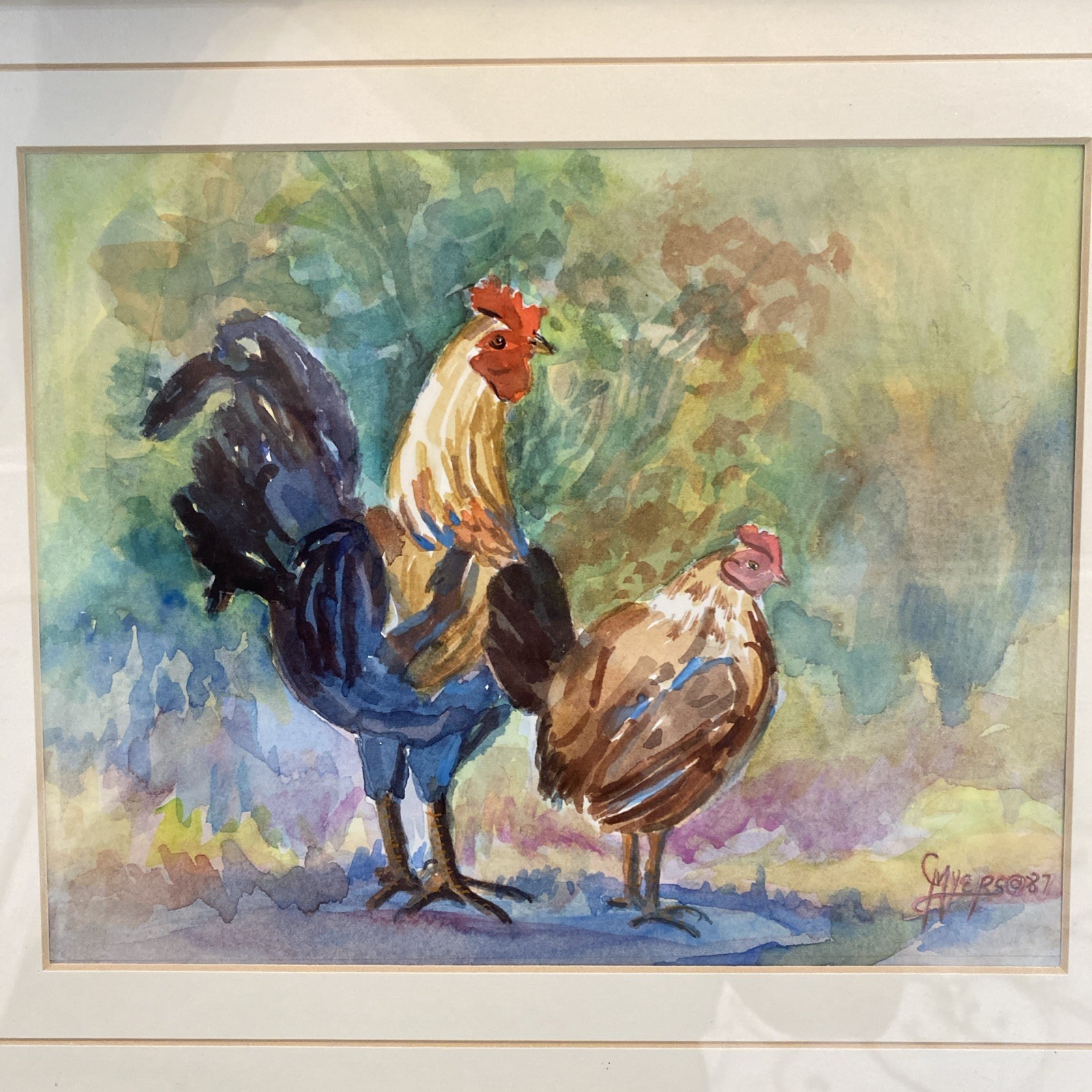 Original ROOSTER WATERCOLOR PAINTING Foul Friends Art Signed Carol Myers