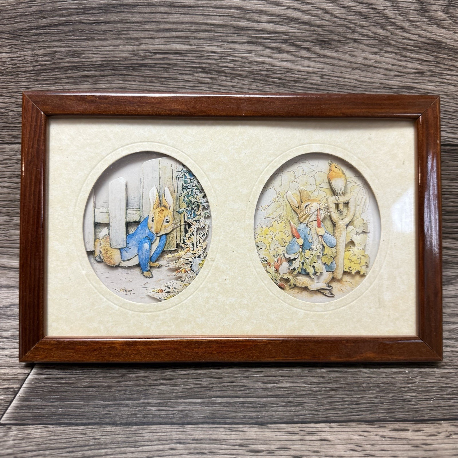 Vintage Peter Rabbit Framed Art De’coupage Paper Art Shadow Box 6″ X 9.5″