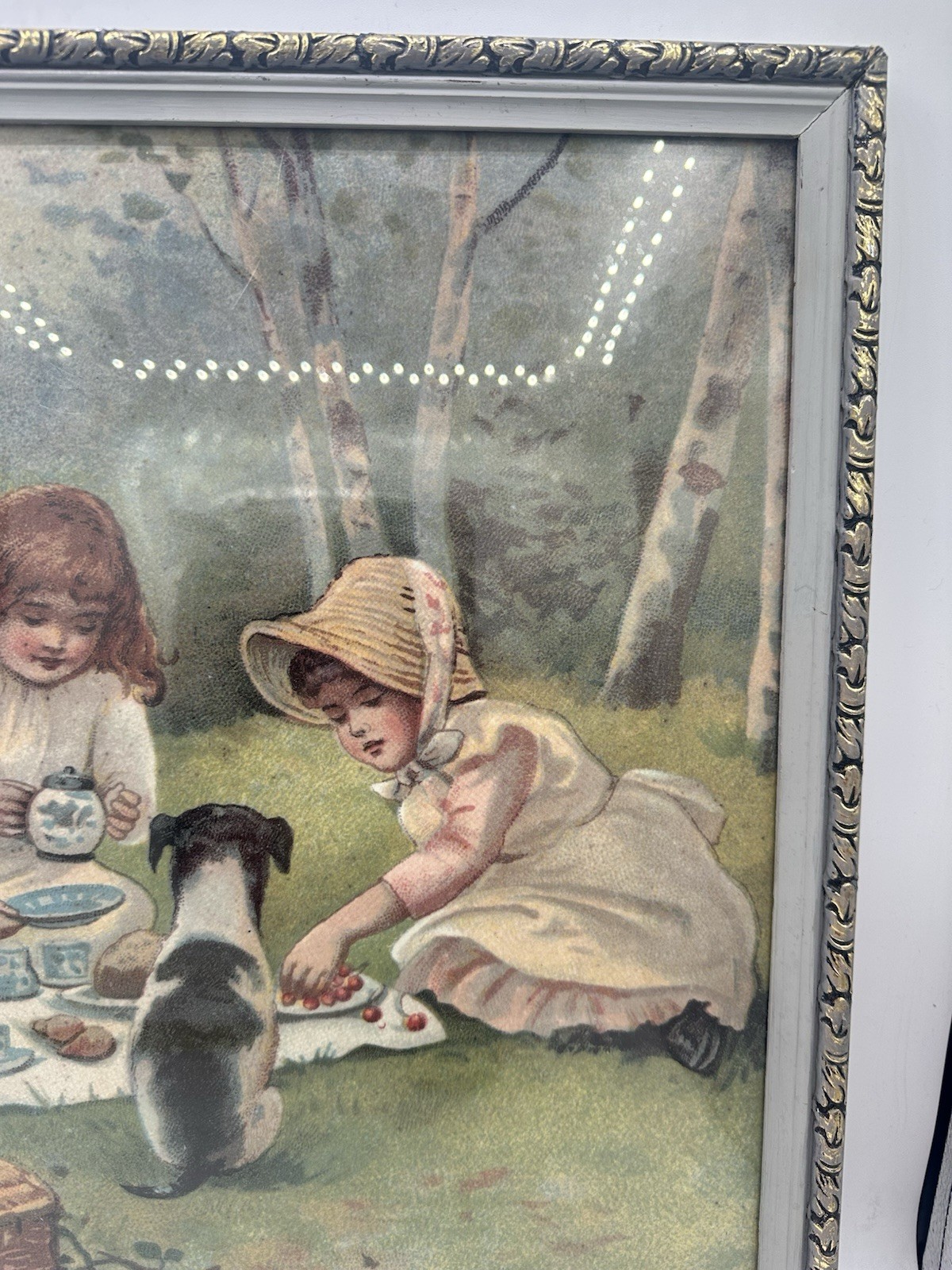 Litho Art Print Victorian Children Playing Tea Party Framed