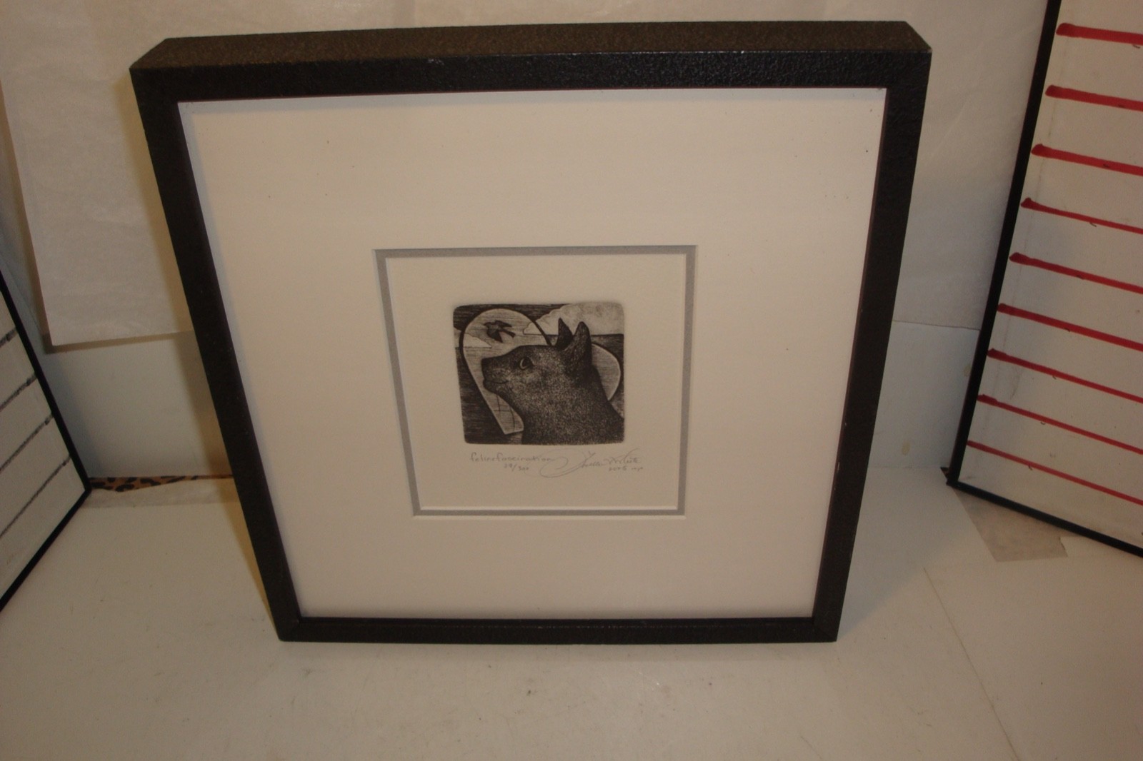 Vintage Louellen Vernon White etching matted & framed Feline Fascination