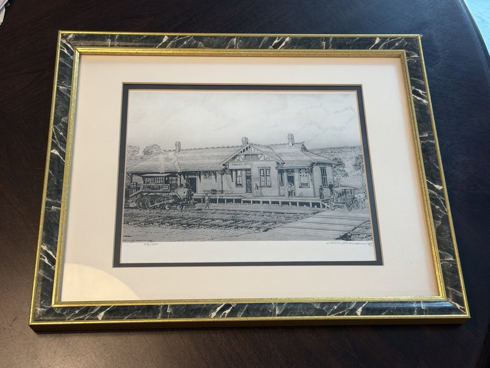 VINTAGE G.D. Sansom Romney WV Train Station Depot Art Print Signed 12×15 Framed