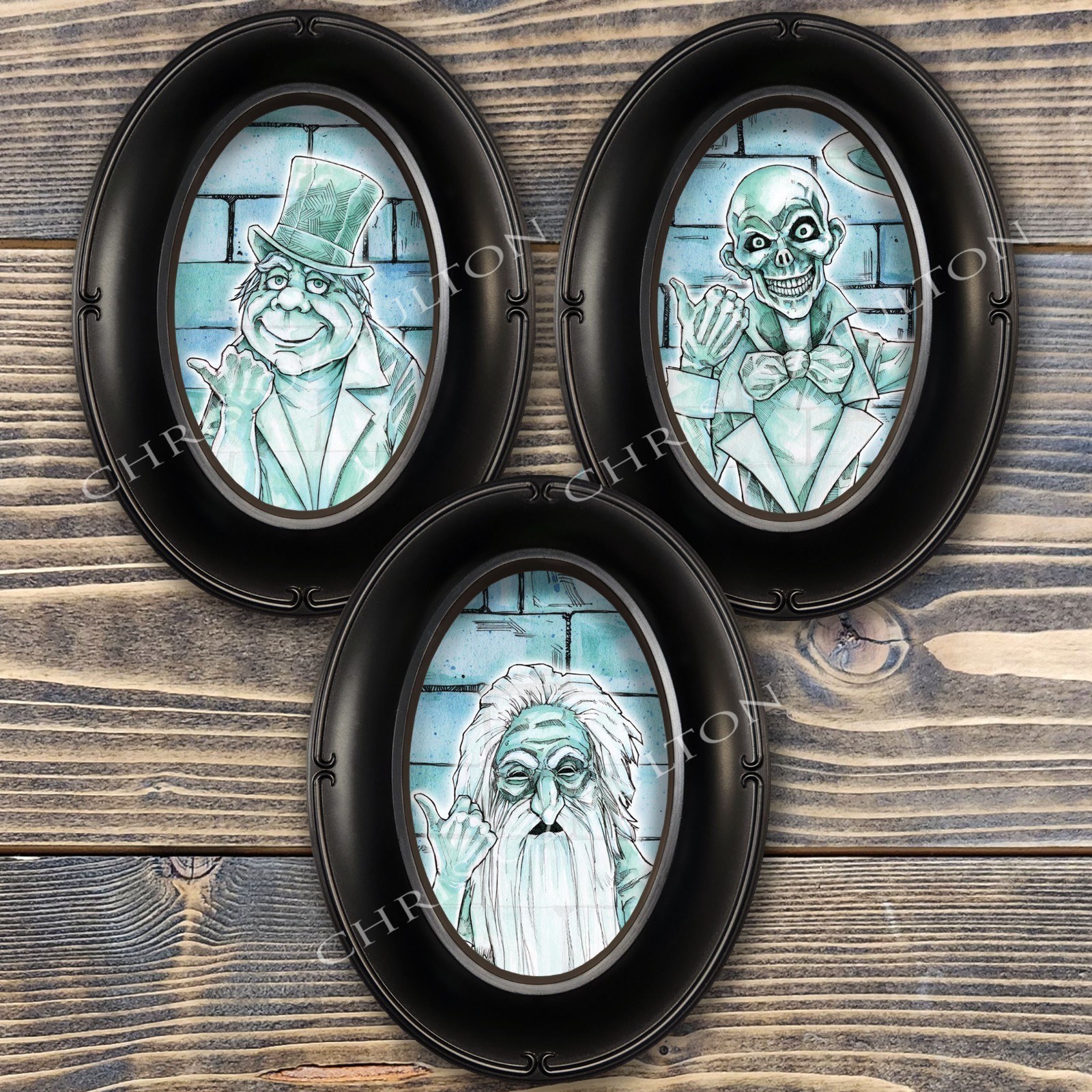 Haunted Mansion Hitchhiking Ghost Framed Art Set of 3 By Chris Oz Fulton!!