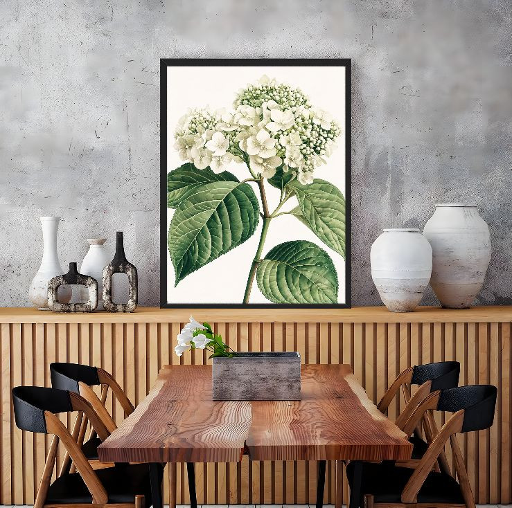 Botanical White Hydrangea Framed Print Realistic Floral Wall Art Decor