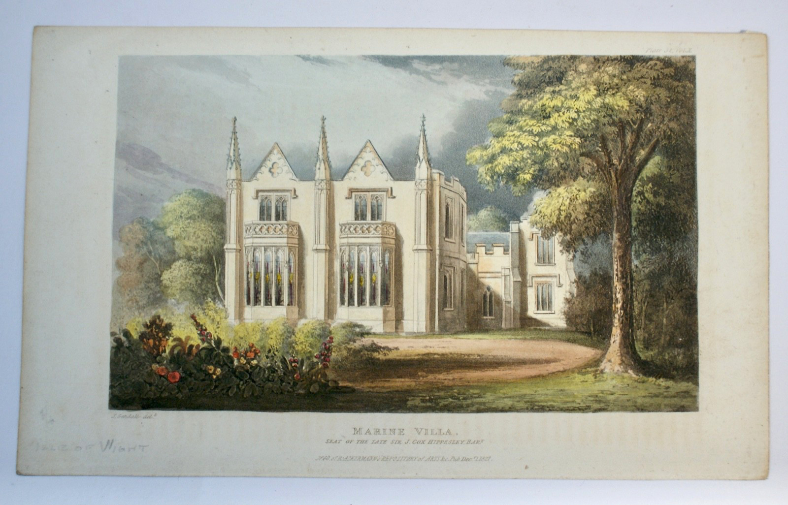 Pair Antique Ackermann Aquatints, Marine Villa & Gothic Hall, Unframed 1827 1813