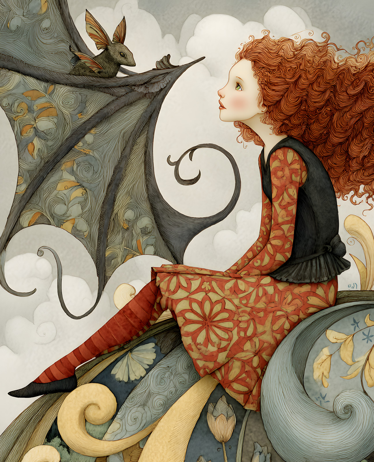 Red-Haired Fantasy Woman with Winged Creature Above Clouds Print – 655118408