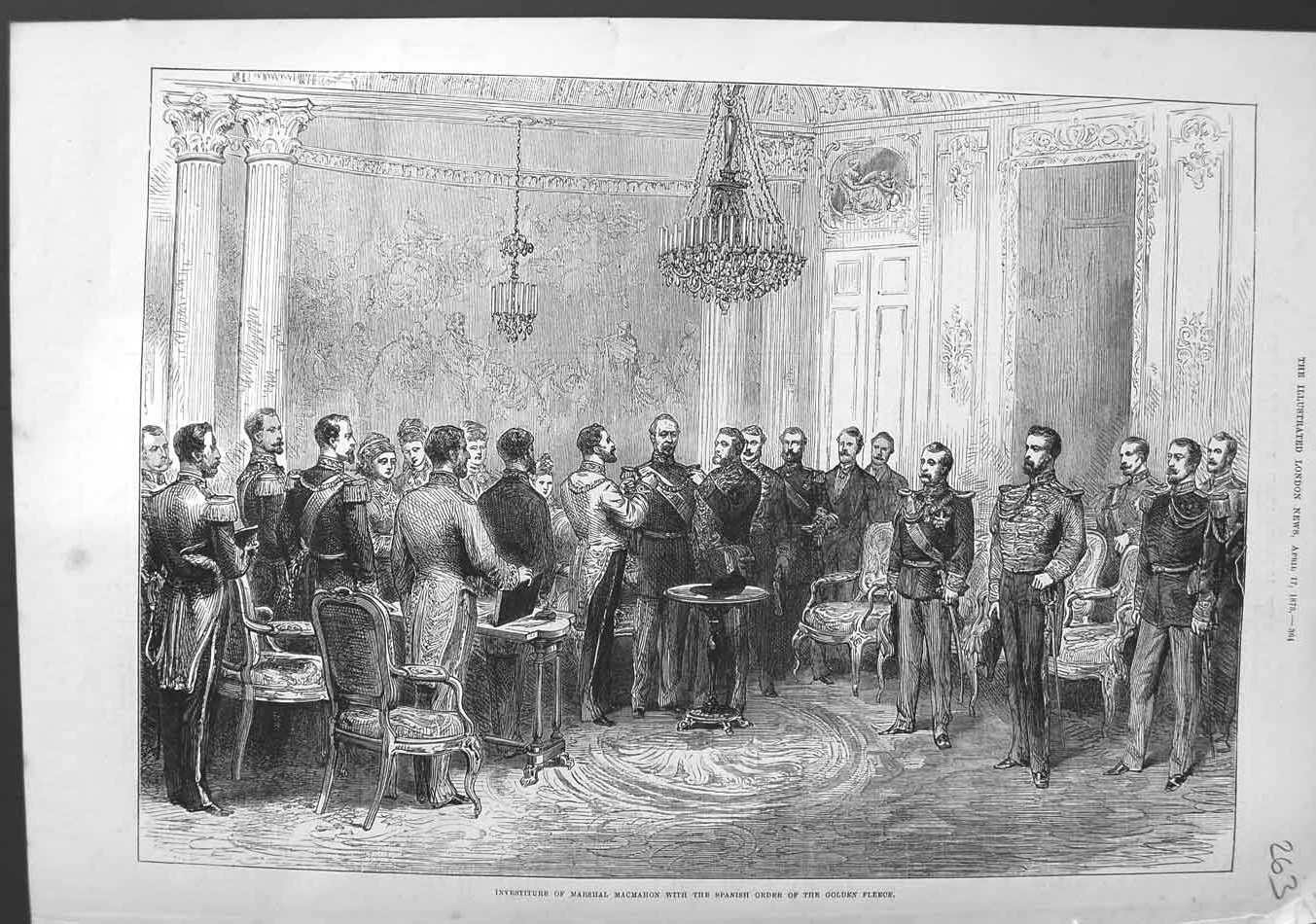 Original Old Antique Print 1875 Marshal Macmahon Spanish Order Gen Fleece 19th