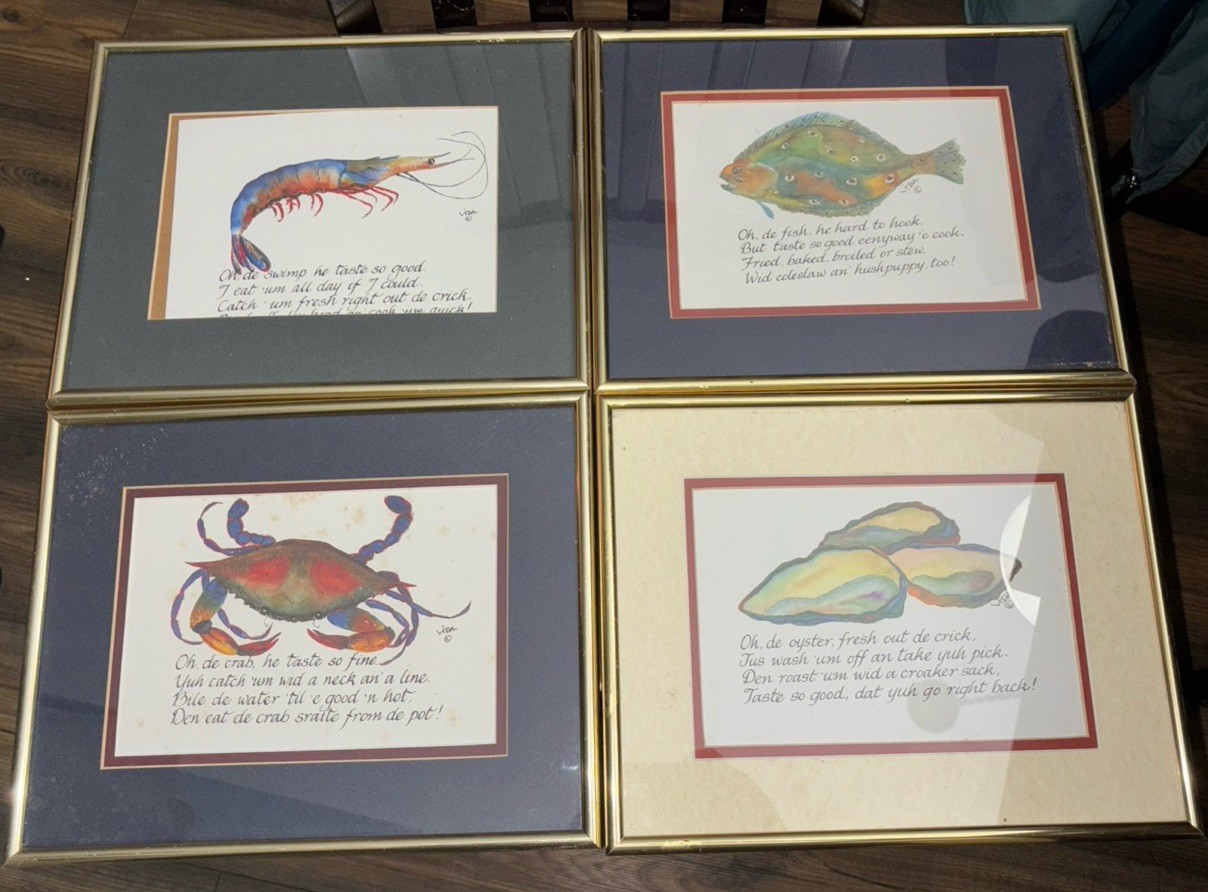 Vita Miller Gullah Odes 4 Watercolor Framed Prints Shrimp Oyster Crab Flounder