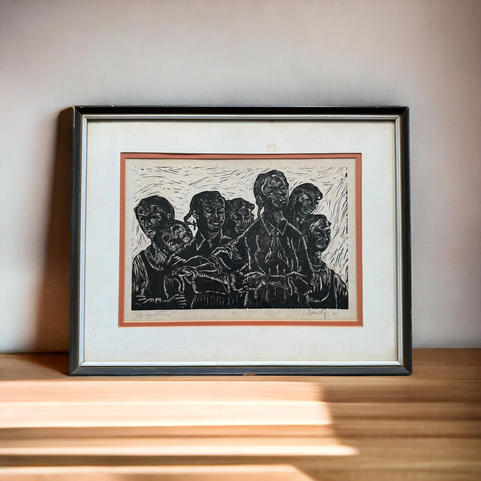 Vintage 1965 Linocut Print “The Spectators” Signed by Zemsky