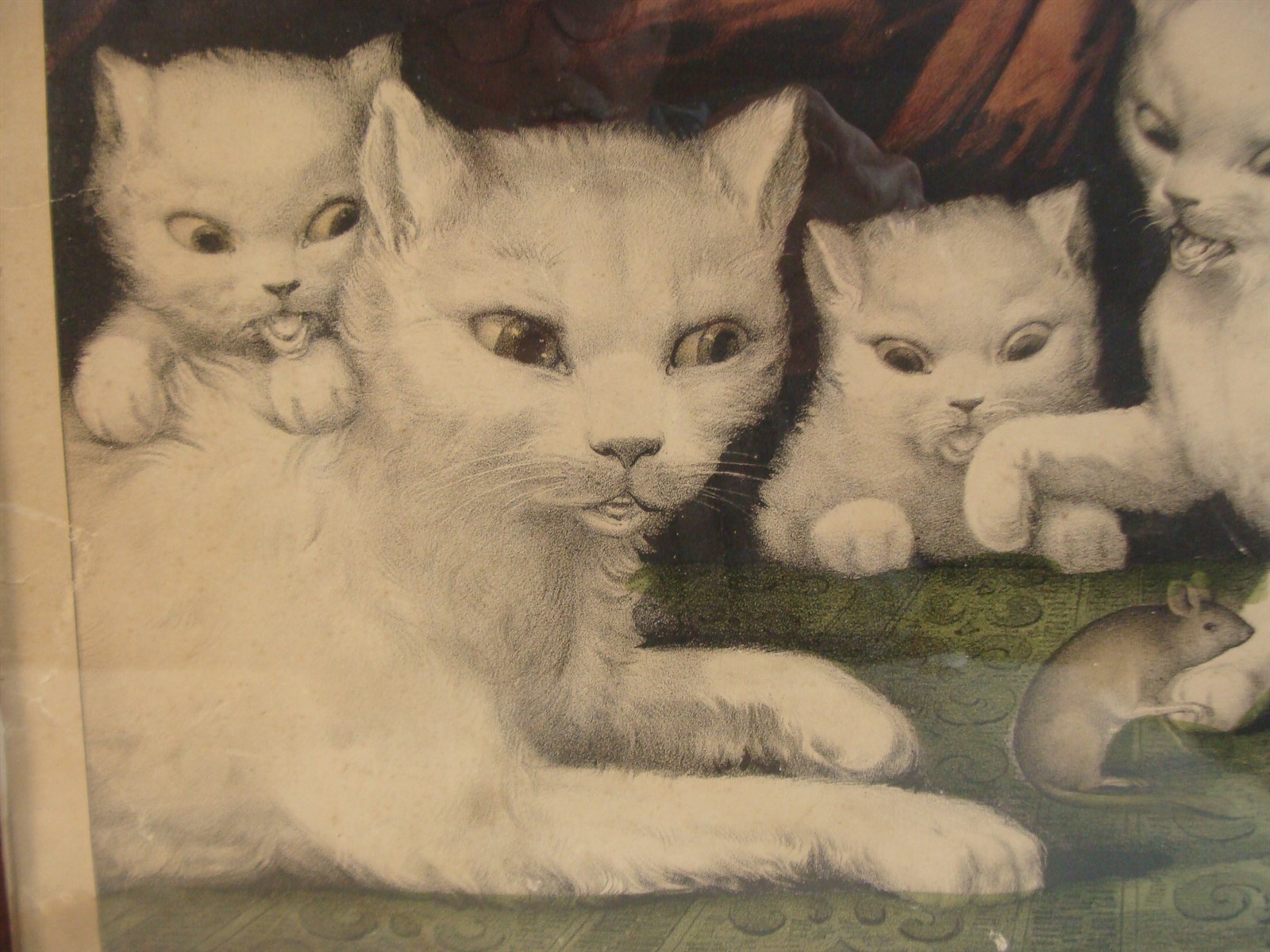 Antique 1871 Currier & Ives Three Little White Kitties Lithograph