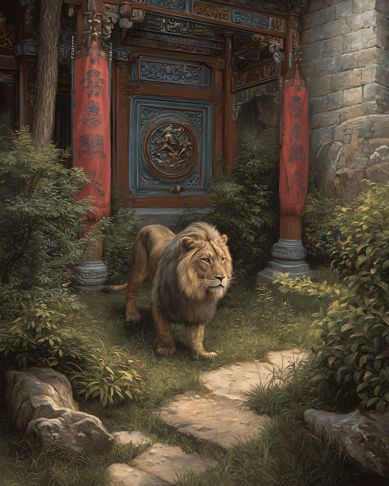 Male Lion Walking Toward Red Temple Gate Print – 211847377